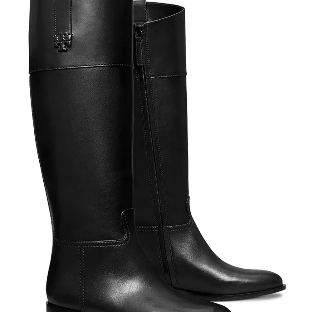 NEW Tory Burch Riding Boots Womens 9 Black Leather T Logo Knee High Retail $578